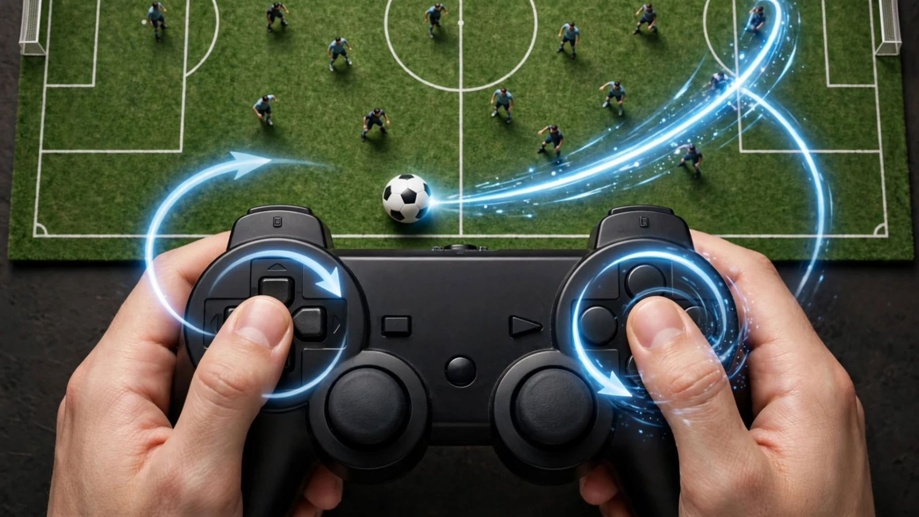 Ilustrasi kontrol tendangan melengkung di DualShock 3 untuk FIFA dan PES