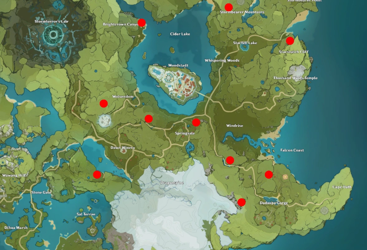 Visual Peta: Distribusi 66 Anemoculus di empat sub-wilayah Mondstadt versi 7.1. Foto: HoYoLAB / Bing Maps