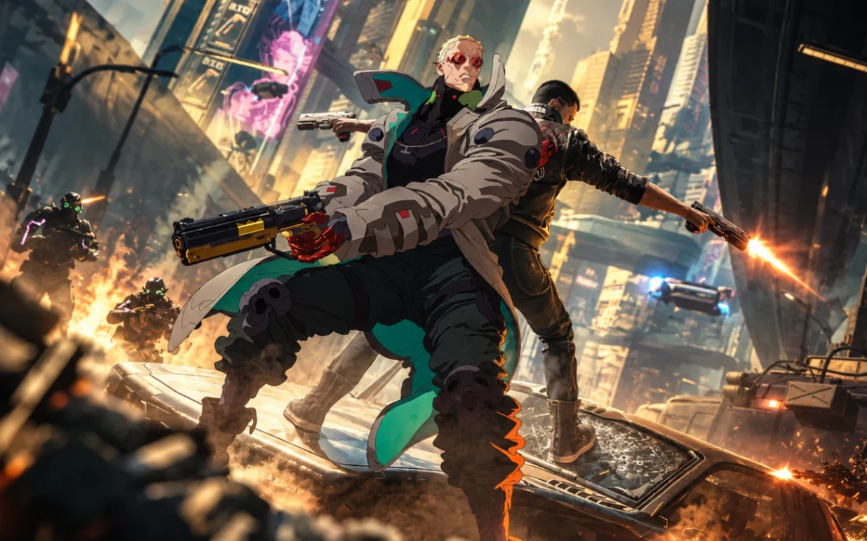 Ilustrasi V dengan gaya dual wield baru di Night City.