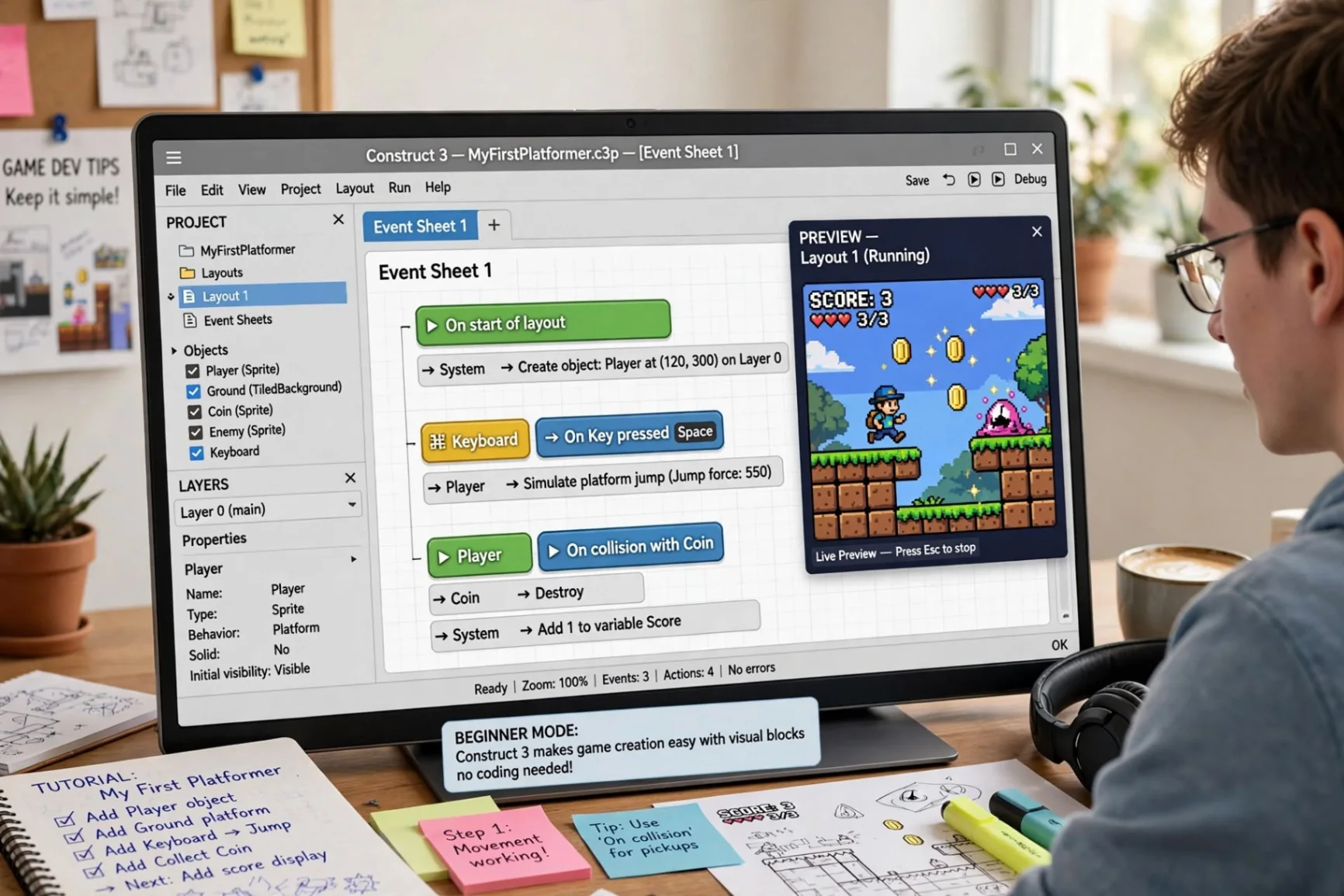 7 Aplikasi Pembuat Game Tanpa Coding Terbaik 2026 Interface visual seperti Construct 3 jadi favorit pemula